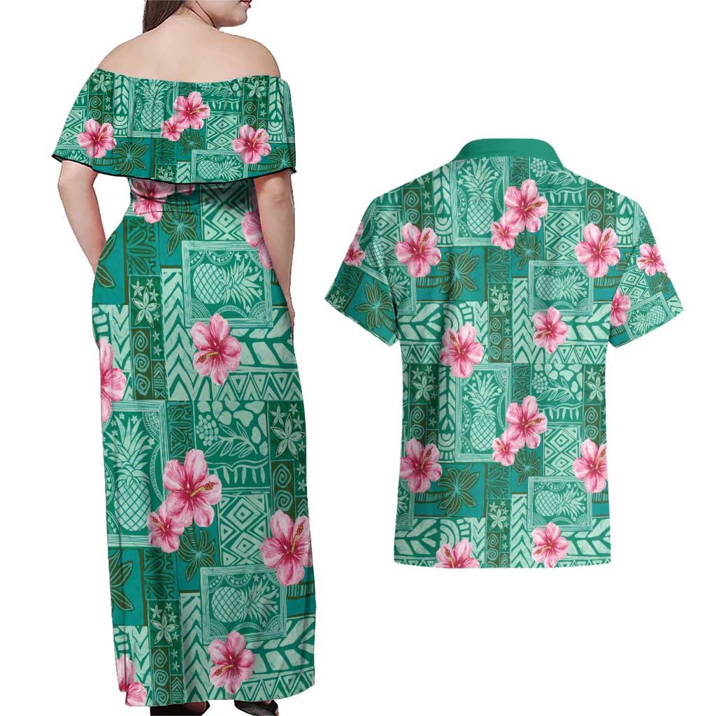 Cyan Hawaii Hibiscus With Tropical Flowers Motifs Couples Matching Off Shoulder Maxi Dress and Hawaiian Shirt - Polynesian Pride