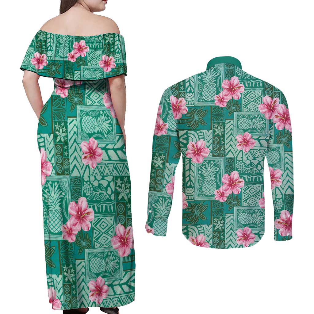 Cyan Hawaii Hibiscus With Tropical Flowers Motifs Couples Matching Off Shoulder Maxi Dress and Long Sleeve Button Shirt - Polynesian Pride