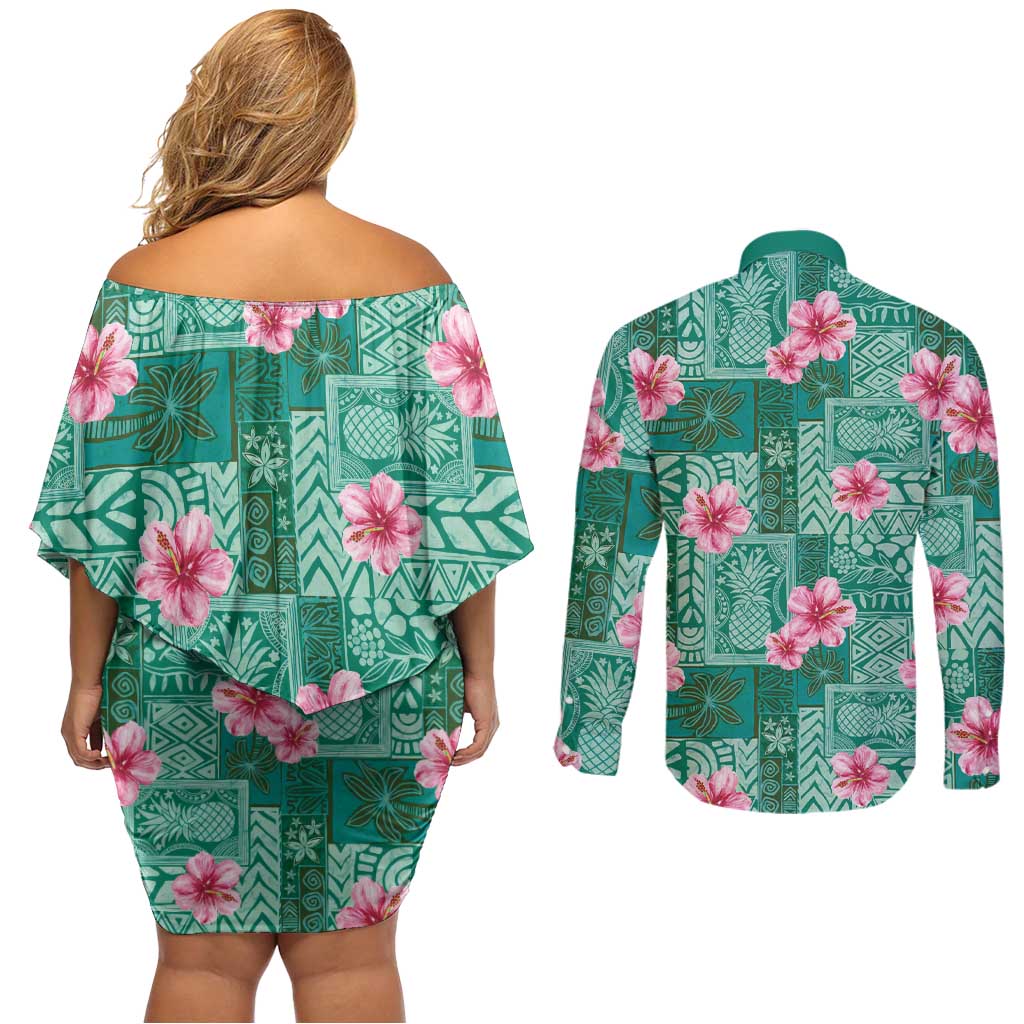 Cyan Hawaii Hibiscus With Tropical Flowers Motifs Couples Matching Off Shoulder Short Dress and Long Sleeve Button Shirt - Polynesian Pride
