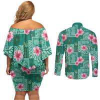 Cyan Hawaii Hibiscus With Tropical Flowers Motifs Couples Matching Off Shoulder Short Dress and Long Sleeve Button Shirt - Polynesian Pride