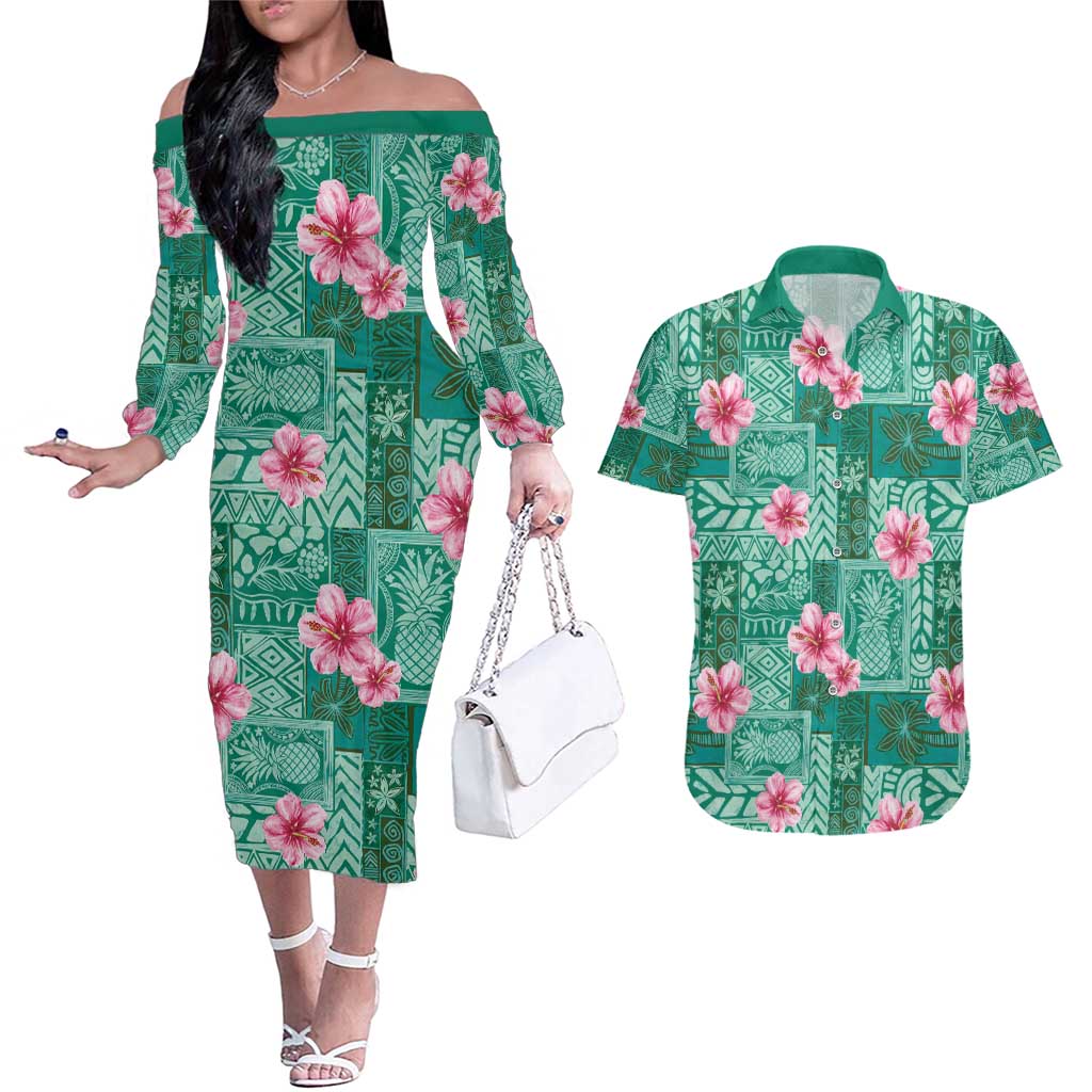 Cyan Hawaii Hibiscus With Tropical Flowers Motifs Couples Matching Off The Shoulder Long Sleeve Dress and Hawaiian Shirt - Polynesian Pride