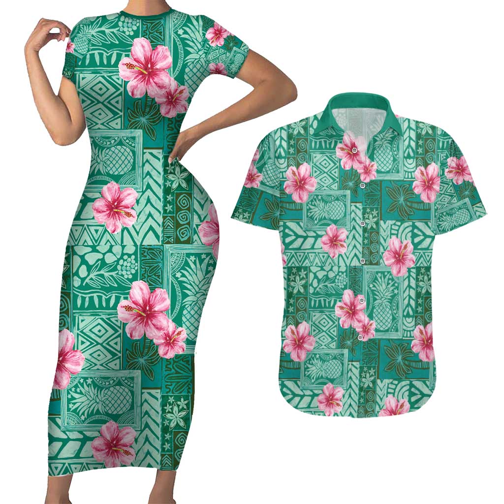 Cyan Hawaii Hibiscus With Tropical Flowers Motifs Couples Matching Short Sleeve Bodycon Dress and Hawaiian Shirt - Polynesian Pride