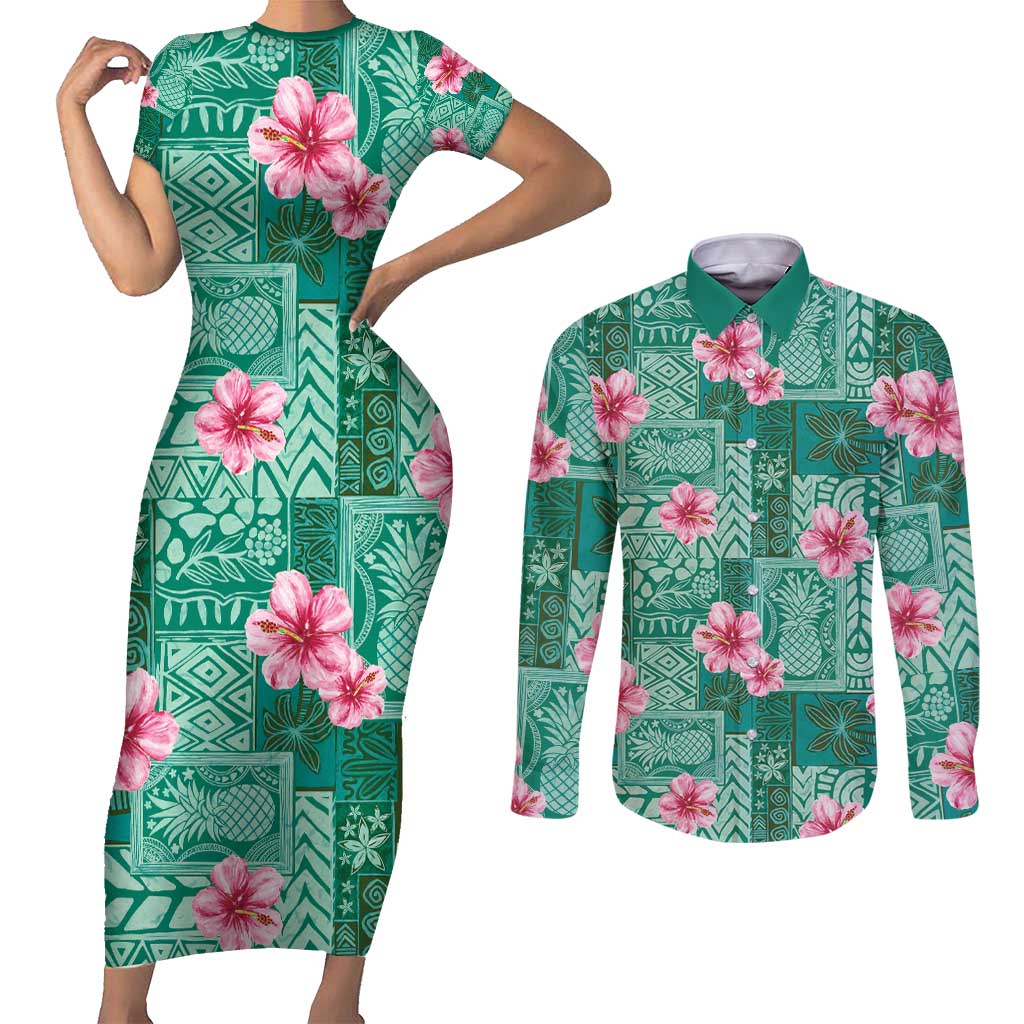 Cyan Hawaii Hibiscus With Tropical Flowers Motifs Couples Matching Short Sleeve Bodycon Dress and Long Sleeve Button Shirt - Polynesian Pride
