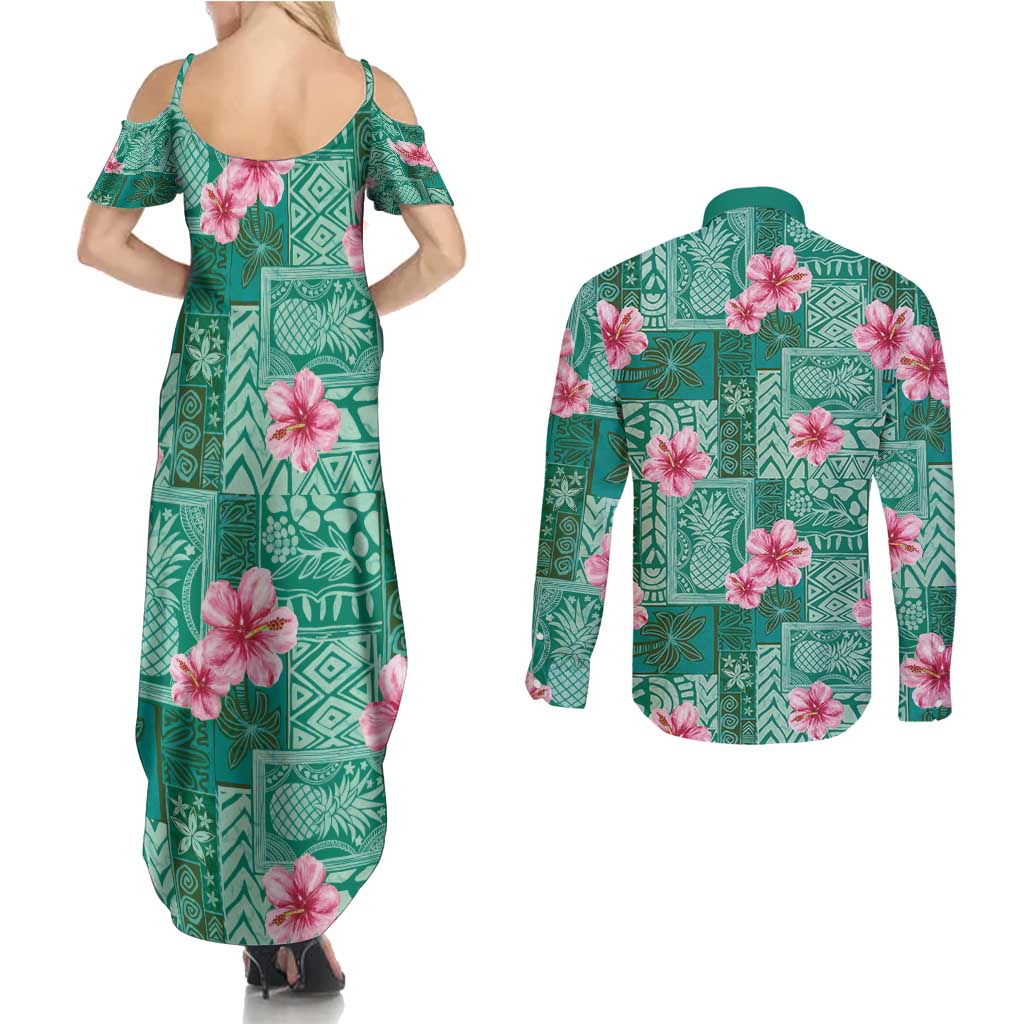 Cyan Hawaii Hibiscus With Tropical Flowers Motifs Couples Matching Summer Maxi Dress and Long Sleeve Button Shirt - Polynesian Pride