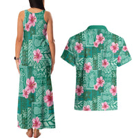 Cyan Hawaii Hibiscus With Tropical Flowers Motifs Couples Matching Tank Maxi Dress and Hawaiian Shirt - Polynesian Pride