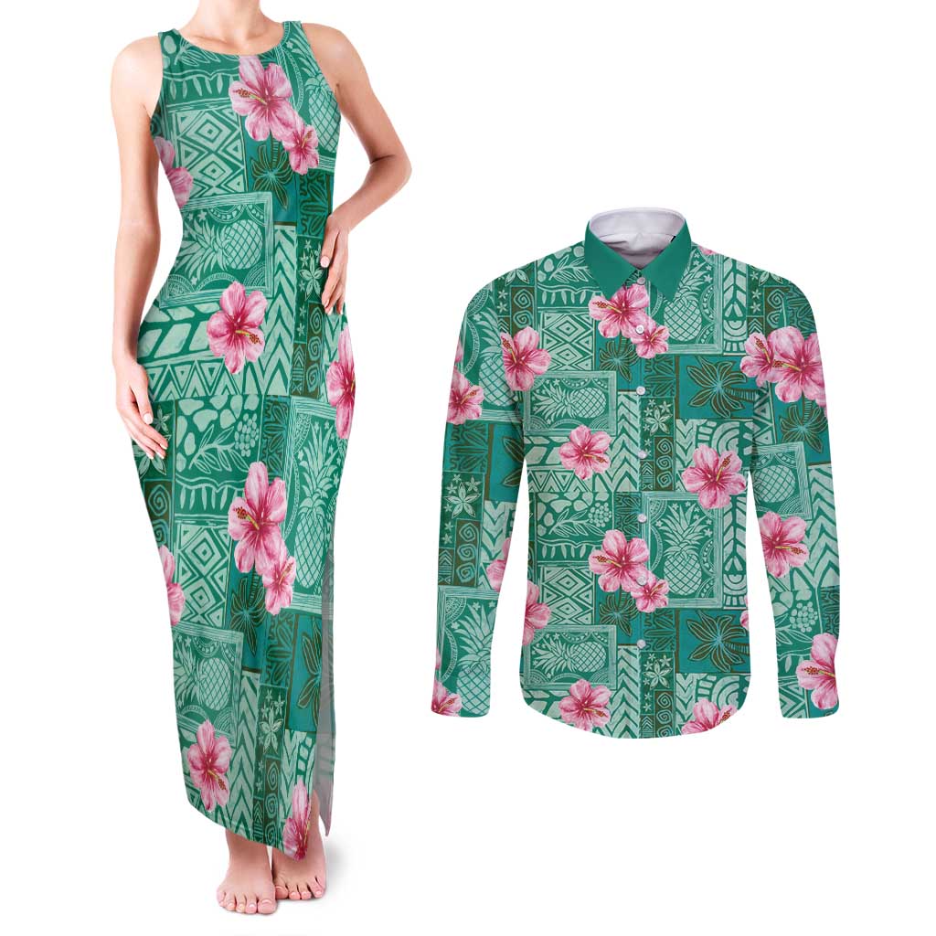 Cyan Hawaii Hibiscus With Tropical Flowers Motifs Couples Matching Tank Maxi Dress and Long Sleeve Button Shirt - Polynesian Pride