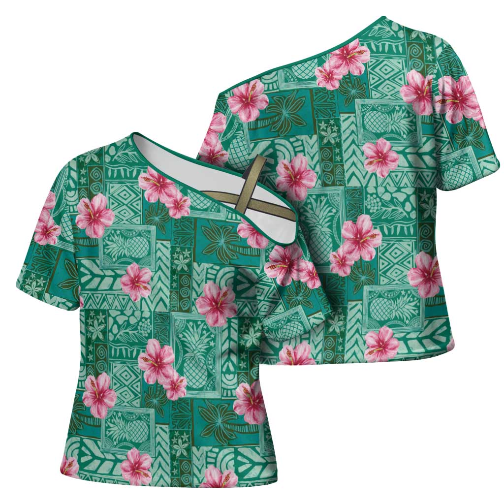 Cyan Hawaii Hibiscus With Tropical Flowers Motifs Cross Shoulder Shirt - Polynesian Pride