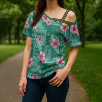 Cyan Hawaii Hibiscus With Tropical Flowers Motifs Cross Shoulder Shirt - Polynesian Pride