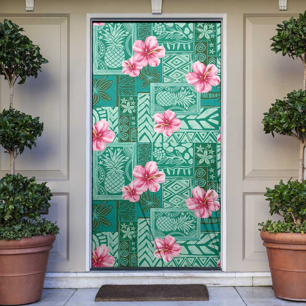 Cyan Hawaii Hibiscus With Tropical Flowers Motifs Door Cover - Polynesian Pride