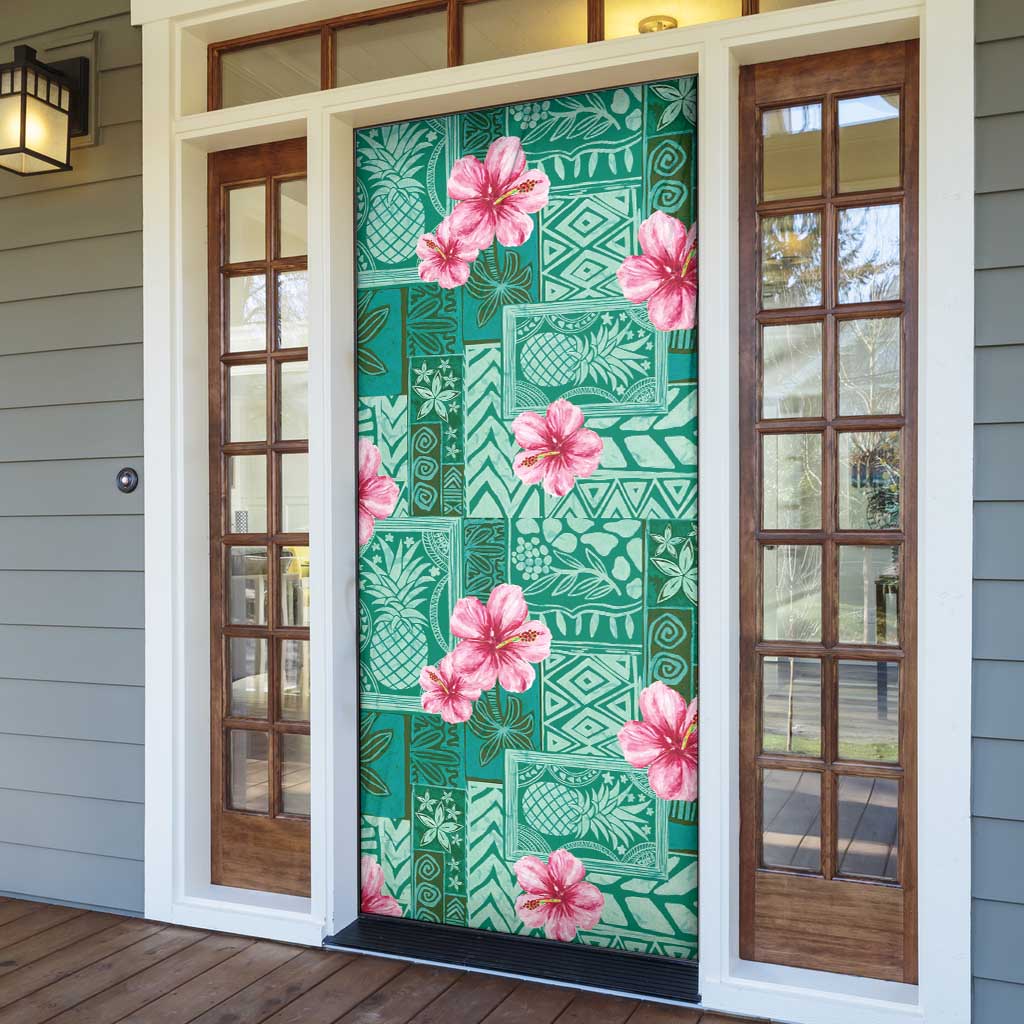 Cyan Hawaii Hibiscus With Tropical Flowers Motifs Door Cover - Polynesian Pride