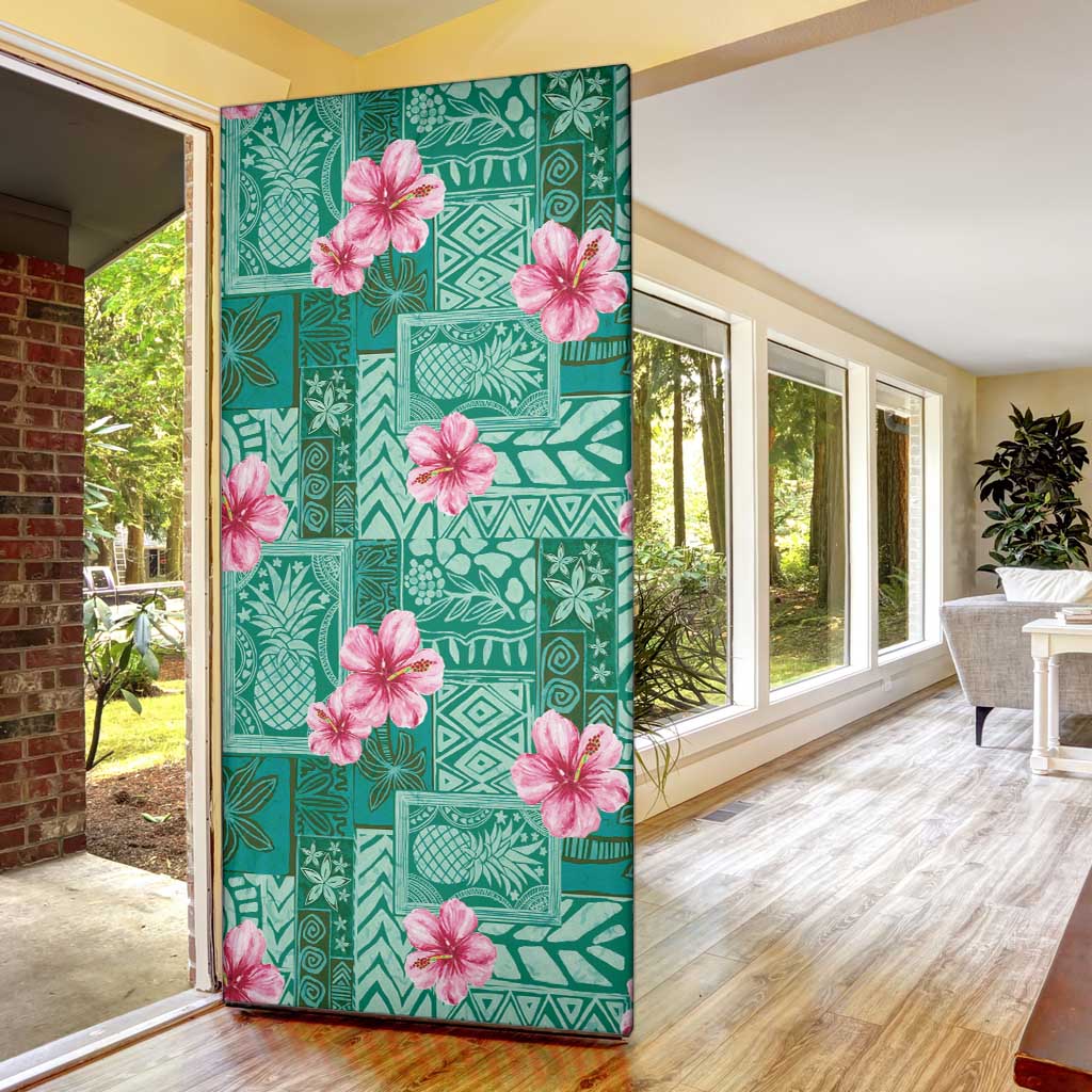 Cyan Hawaii Hibiscus With Tropical Flowers Motifs Door Cover - Polynesian Pride