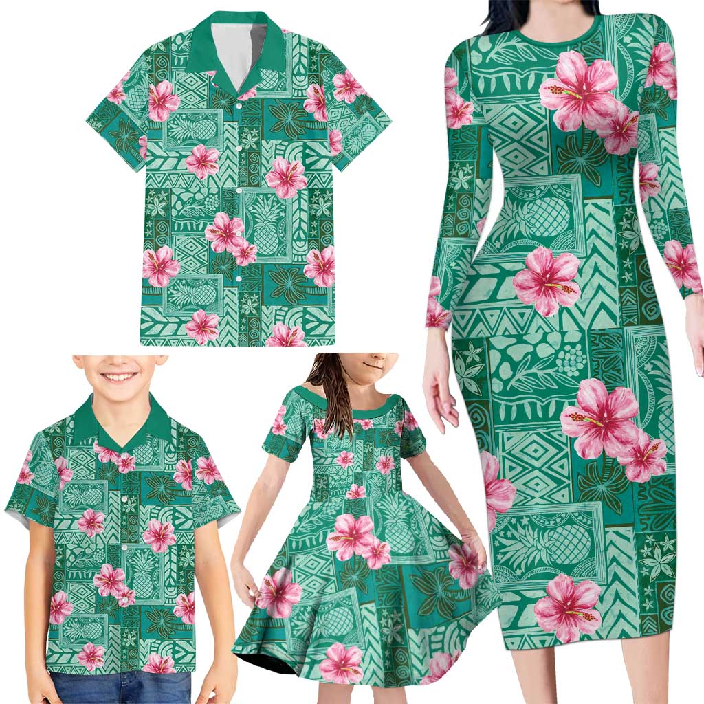 Cyan Hawaii Hibiscus With Tropical Flowers Motifs Family Matching Long Sleeve Bodycon Dress and Hawaiian Shirt - Polynesian Pride