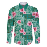 Cyan Hawaii Hibiscus With Tropical Flowers Motifs Family Matching Long Sleeve Bodycon Dress and Hawaiian Shirt - Polynesian Pride