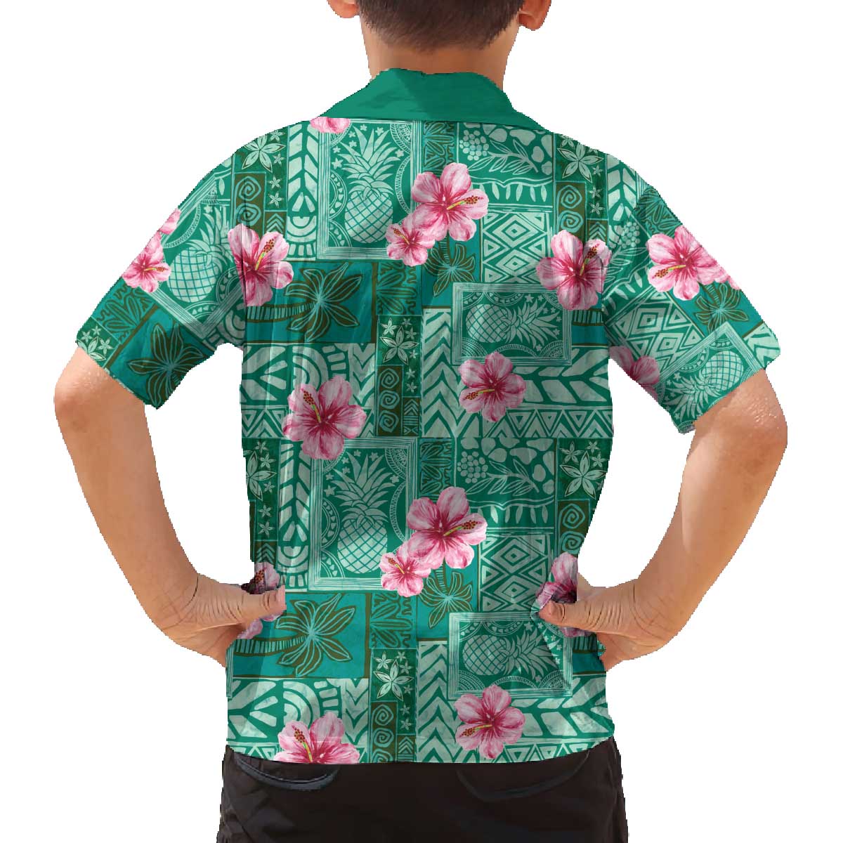 Cyan Hawaii Hibiscus With Tropical Flowers Motifs Family Matching Off The Shoulder Long Sleeve Dress and Hawaiian Shirt - Polynesian Pride