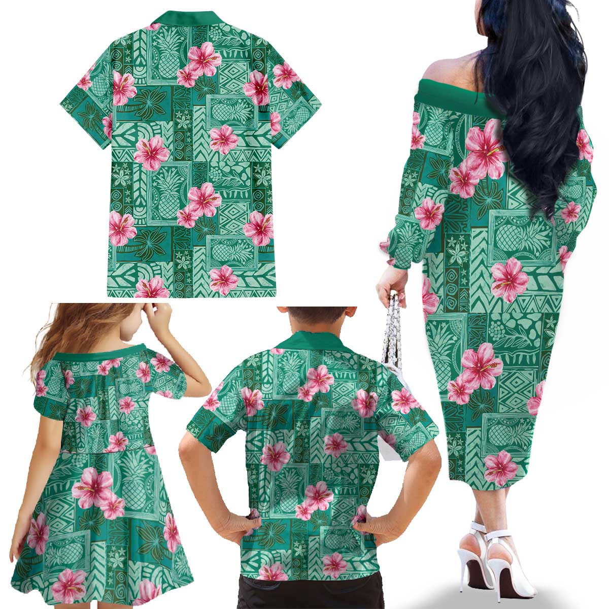 Cyan Hawaii Hibiscus With Tropical Flowers Motifs Family Matching Off The Shoulder Long Sleeve Dress and Hawaiian Shirt - Polynesian Pride