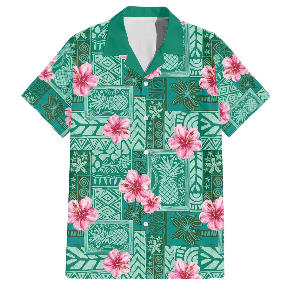 Cyan Hawaii Hibiscus With Tropical Flowers Motifs Family Matching Off The Shoulder Long Sleeve Dress and Hawaiian Shirt - Polynesian Pride