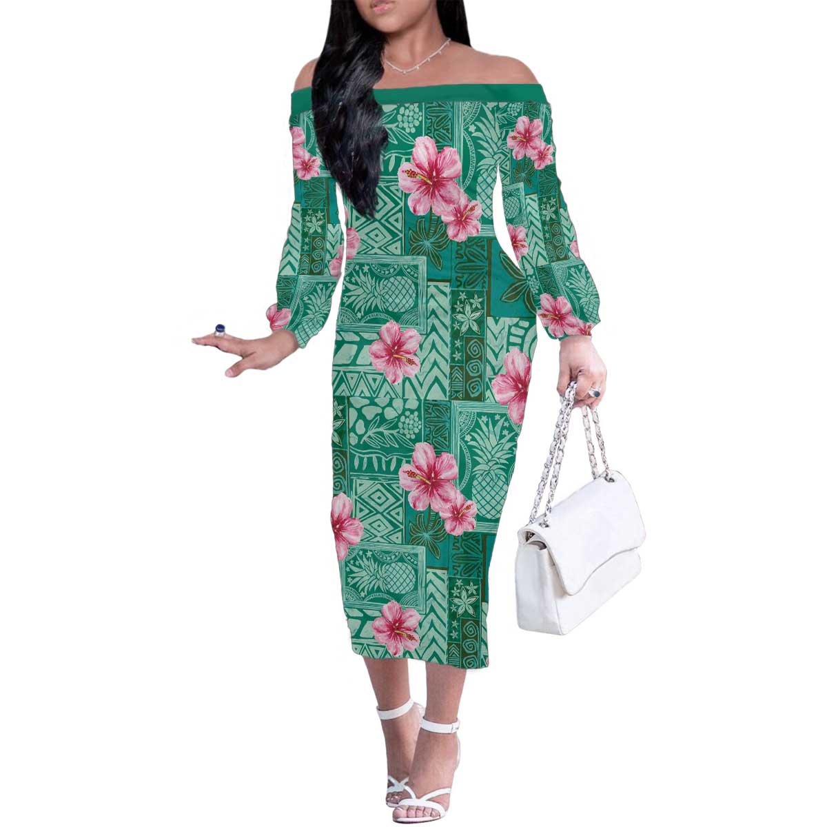 Cyan Hawaii Hibiscus With Tropical Flowers Motifs Family Matching Off The Shoulder Long Sleeve Dress and Hawaiian Shirt - Polynesian Pride
