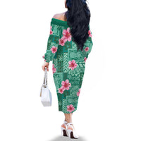 Cyan Hawaii Hibiscus With Tropical Flowers Motifs Family Matching Off The Shoulder Long Sleeve Dress and Hawaiian Shirt - Polynesian Pride