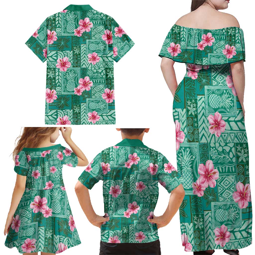 Cyan Hawaii Hibiscus With Tropical Flowers Motifs Family Matching Off Shoulder Maxi Dress and Hawaiian Shirt - Polynesian Pride