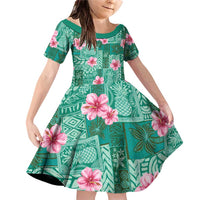 Cyan Hawaii Hibiscus With Tropical Flowers Motifs Family Matching Off Shoulder Short Dress and Hawaiian Shirt - Polynesian Pride