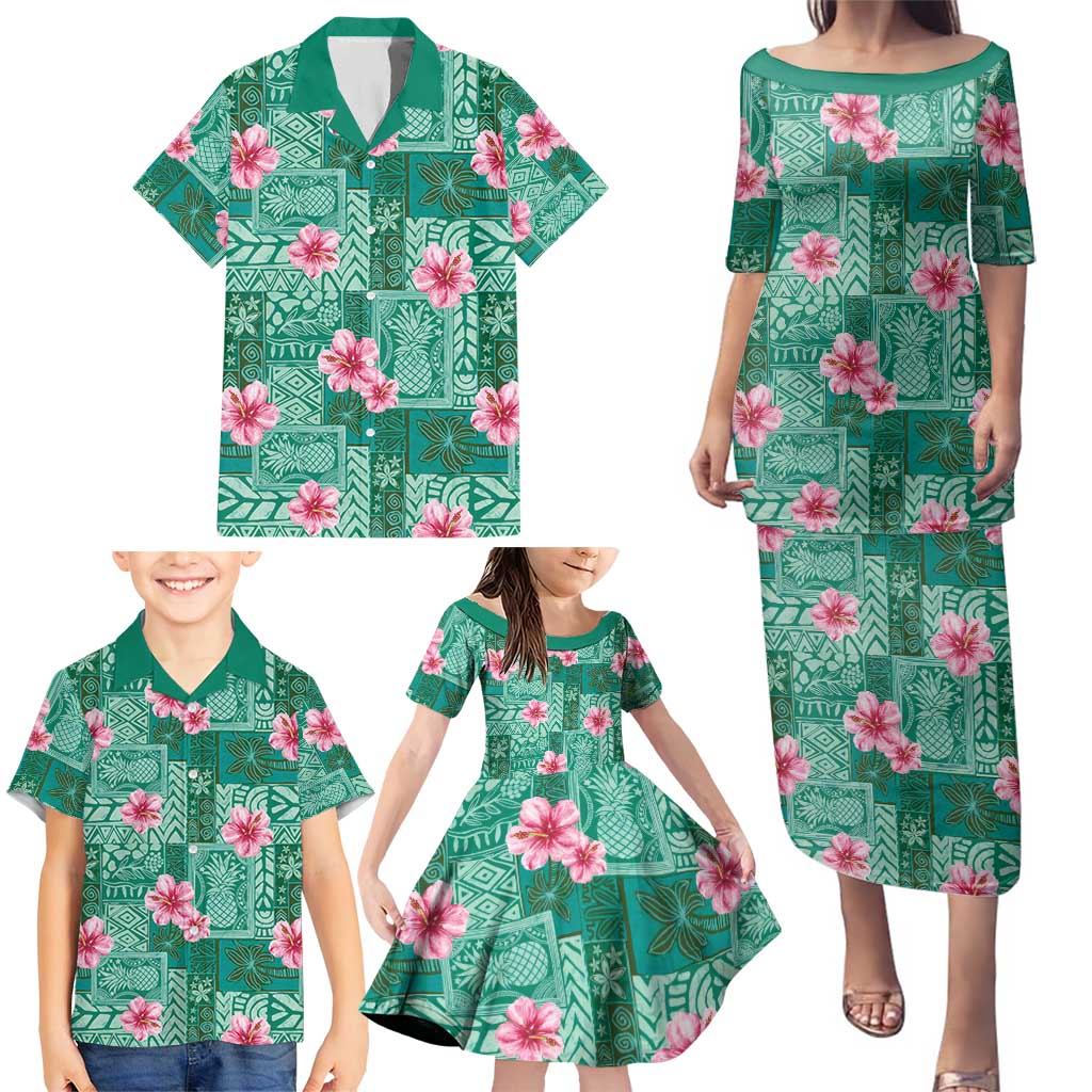 Cyan Hawaii Hibiscus With Tropical Flowers Motifs Family Matching Puletasi and Hawaiian Shirt - Polynesian Pride