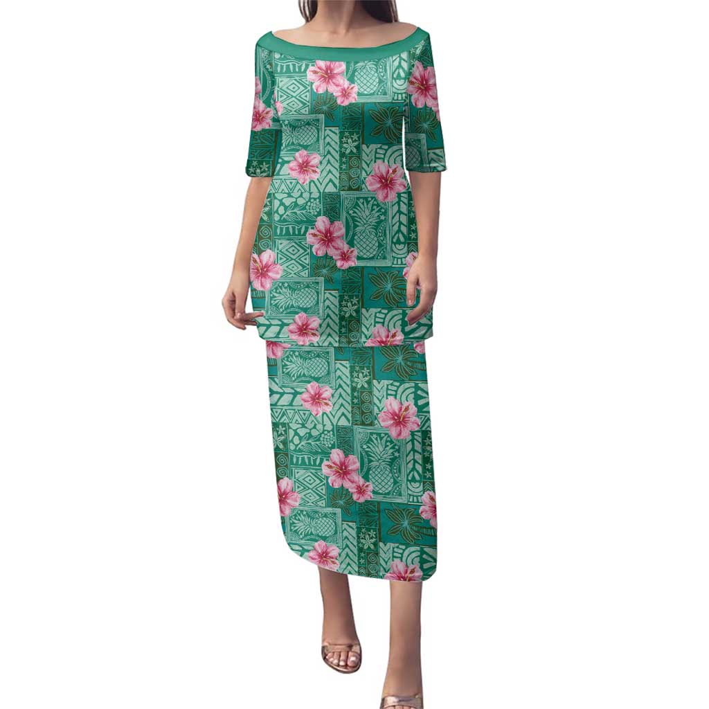 Cyan Hawaii Hibiscus With Tropical Flowers Motifs Family Matching Puletasi and Hawaiian Shirt - Polynesian Pride