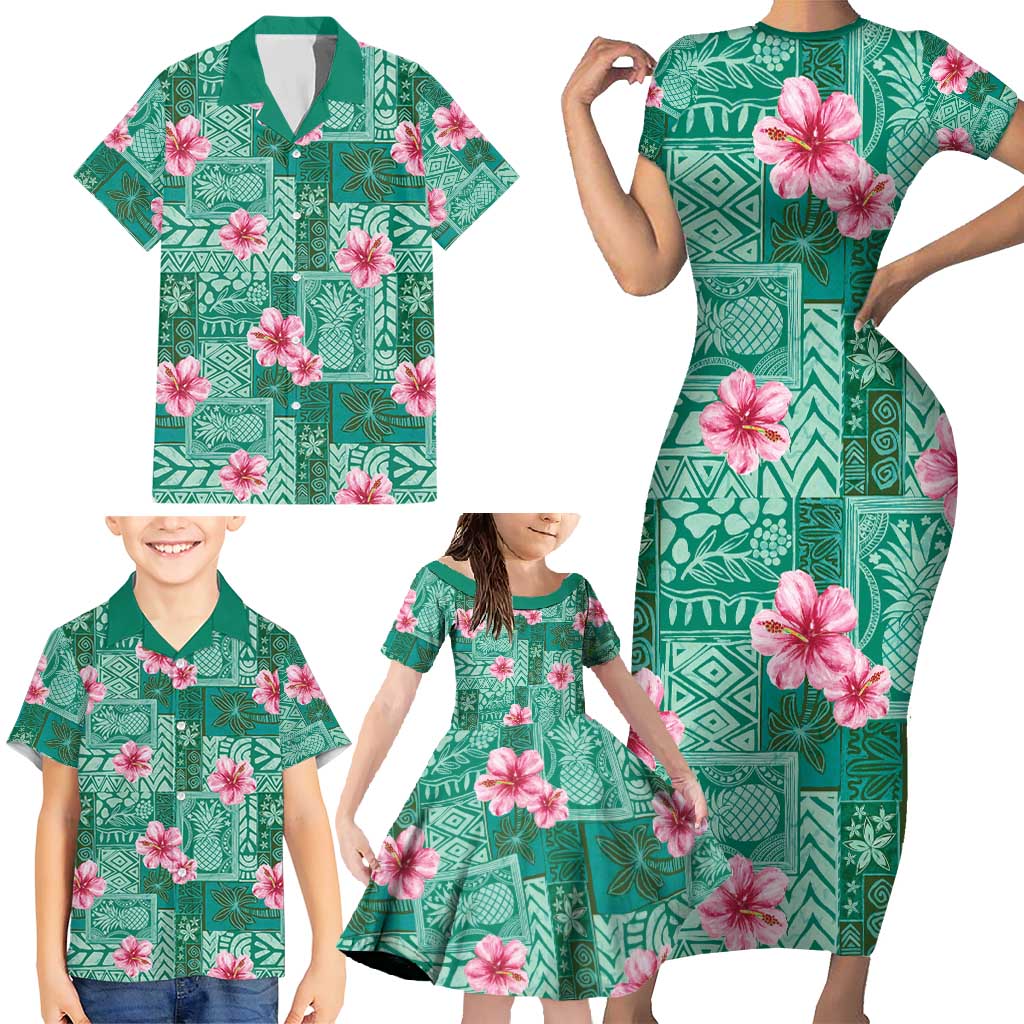 Cyan Hawaii Hibiscus With Tropical Flowers Motifs Family Matching Short Sleeve Bodycon Dress and Hawaiian Shirt - Polynesian Pride