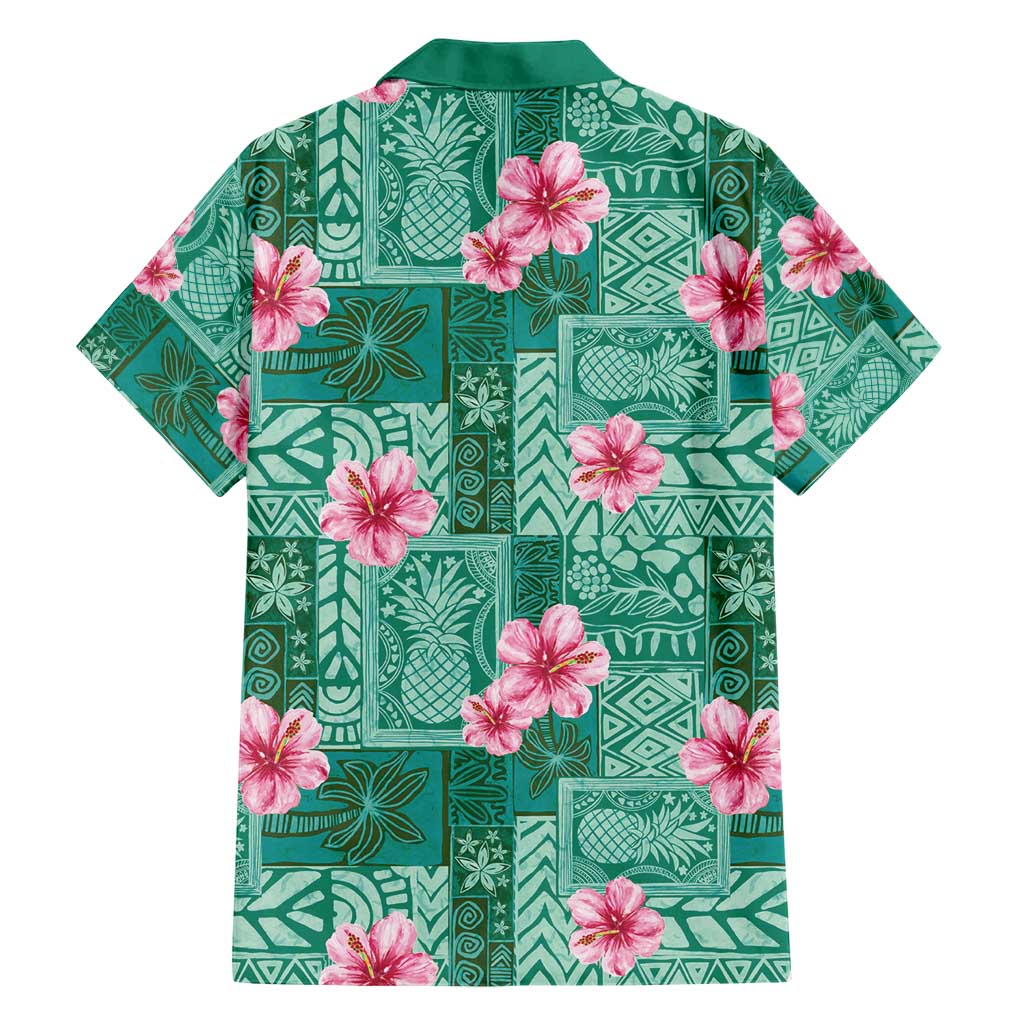 Cyan Hawaii Hibiscus With Tropical Flowers Motifs Family Matching Short Sleeve Bodycon Dress and Hawaiian Shirt - Polynesian Pride