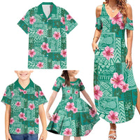 Cyan Hawaii Hibiscus With Tropical Flowers Motifs Family Matching Summer Maxi Dress and Hawaiian Shirt - Polynesian Pride