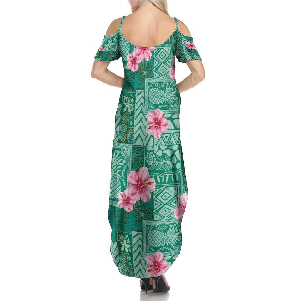 Cyan Hawaii Hibiscus With Tropical Flowers Motifs Family Matching Summer Maxi Dress and Hawaiian Shirt - Polynesian Pride