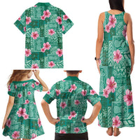 Cyan Hawaii Hibiscus With Tropical Flowers Motifs Family Matching Tank Maxi Dress and Hawaiian Shirt - Polynesian Pride