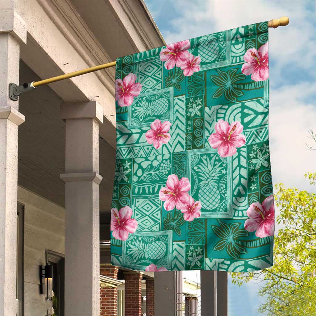 Cyan Hawaii Hibiscus With Tropical Flowers Motifs Garden Flag - Polynesian Pride