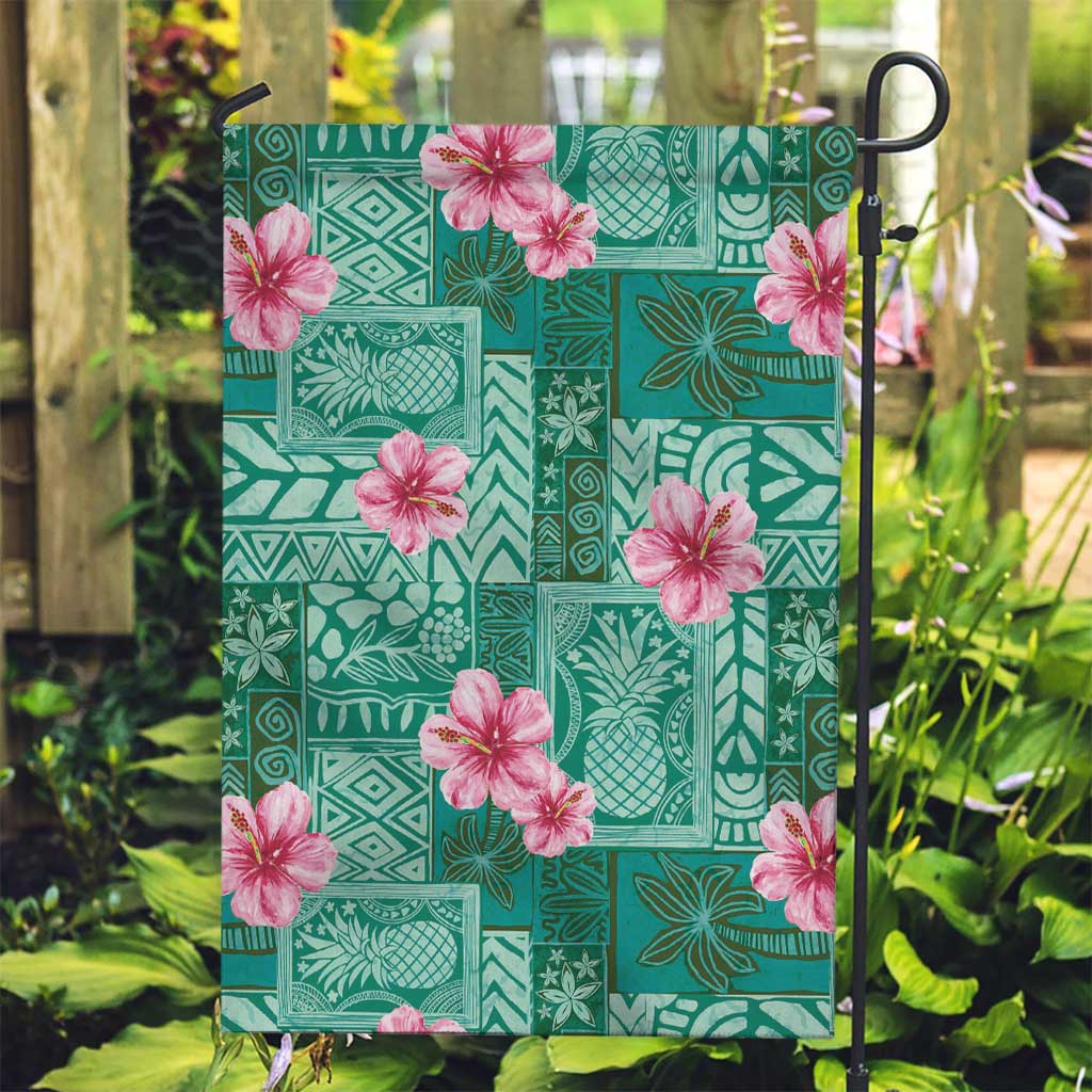 Cyan Hawaii Hibiscus With Tropical Flowers Motifs Garden Flag - Polynesian Pride