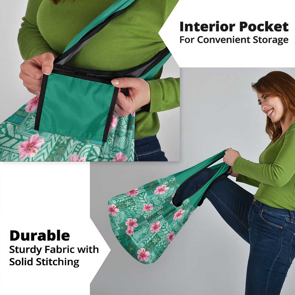 Cyan Hawaii Hibiscus With Tropical Flowers Motifs Grocery Bag - Polynesian Pride