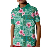 Cyan Hawaii Hibiscus With Tropical Flowers Motifs Kid Polo Shirt - Polynesian Pride