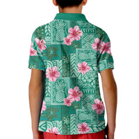 Cyan Hawaii Hibiscus With Tropical Flowers Motifs Kid Polo Shirt - Polynesian Pride