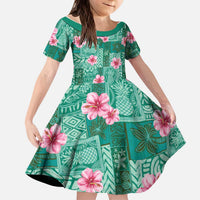 Cyan Hawaii Hibiscus With Tropical Flowers Motifs Kid Short Sleeve Dress - Polynesian Pride