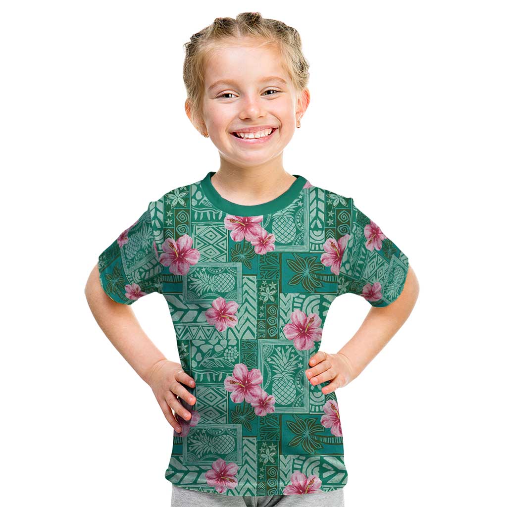 Cyan Hawaii Hibiscus With Tropical Flowers Motifs Kid T Shirt - Polynesian Pride