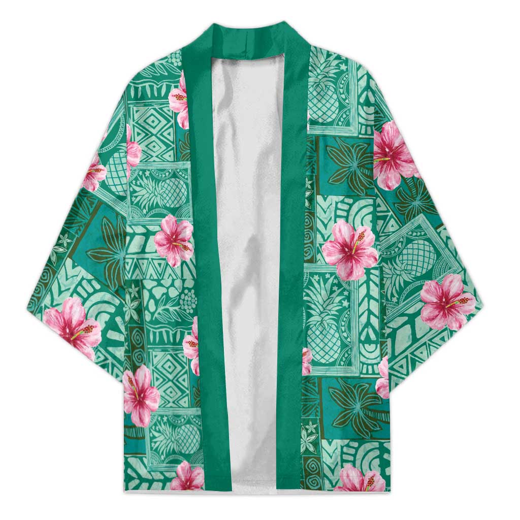 Cyan Hawaii Hibiscus With Tropical Flowers Motifs Kimono LT14 Unisex Cyan - Polynesian Pride