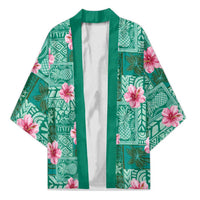 Cyan Hawaii Hibiscus With Tropical Flowers Motifs Kimono LT14 Unisex Cyan - Polynesian Pride