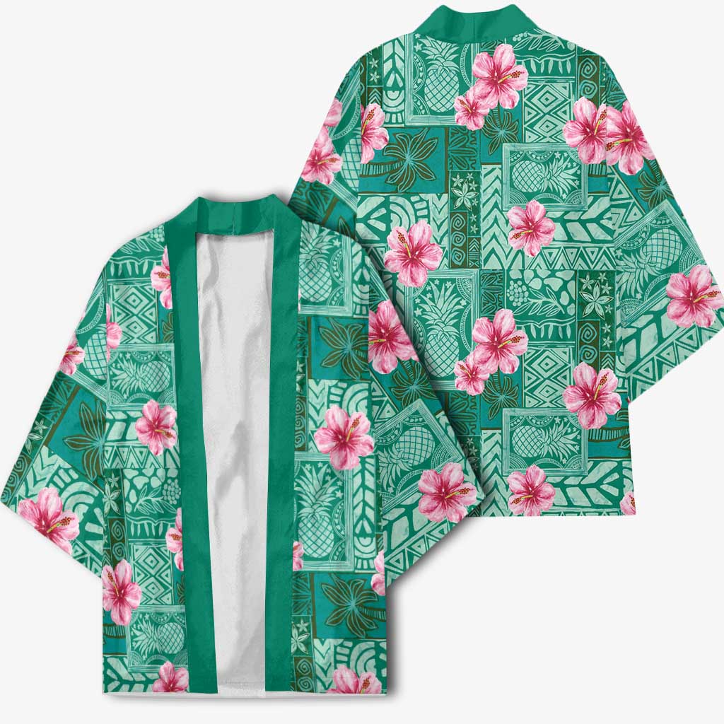 Cyan Hawaii Hibiscus With Tropical Flowers Motifs Kimono LT14 - Polynesian Pride