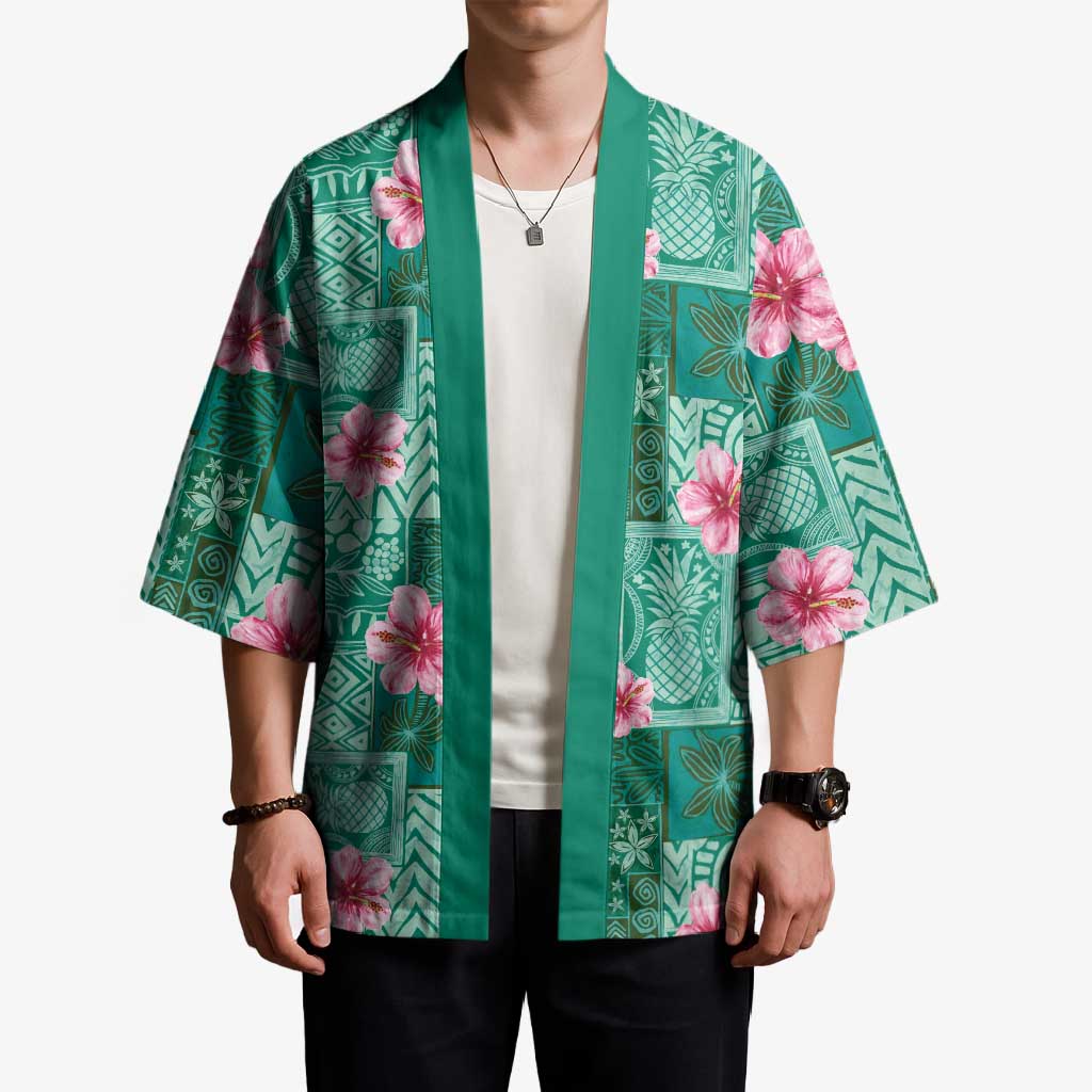 Cyan Hawaii Hibiscus With Tropical Flowers Motifs Kimono LT14 - Polynesian Pride