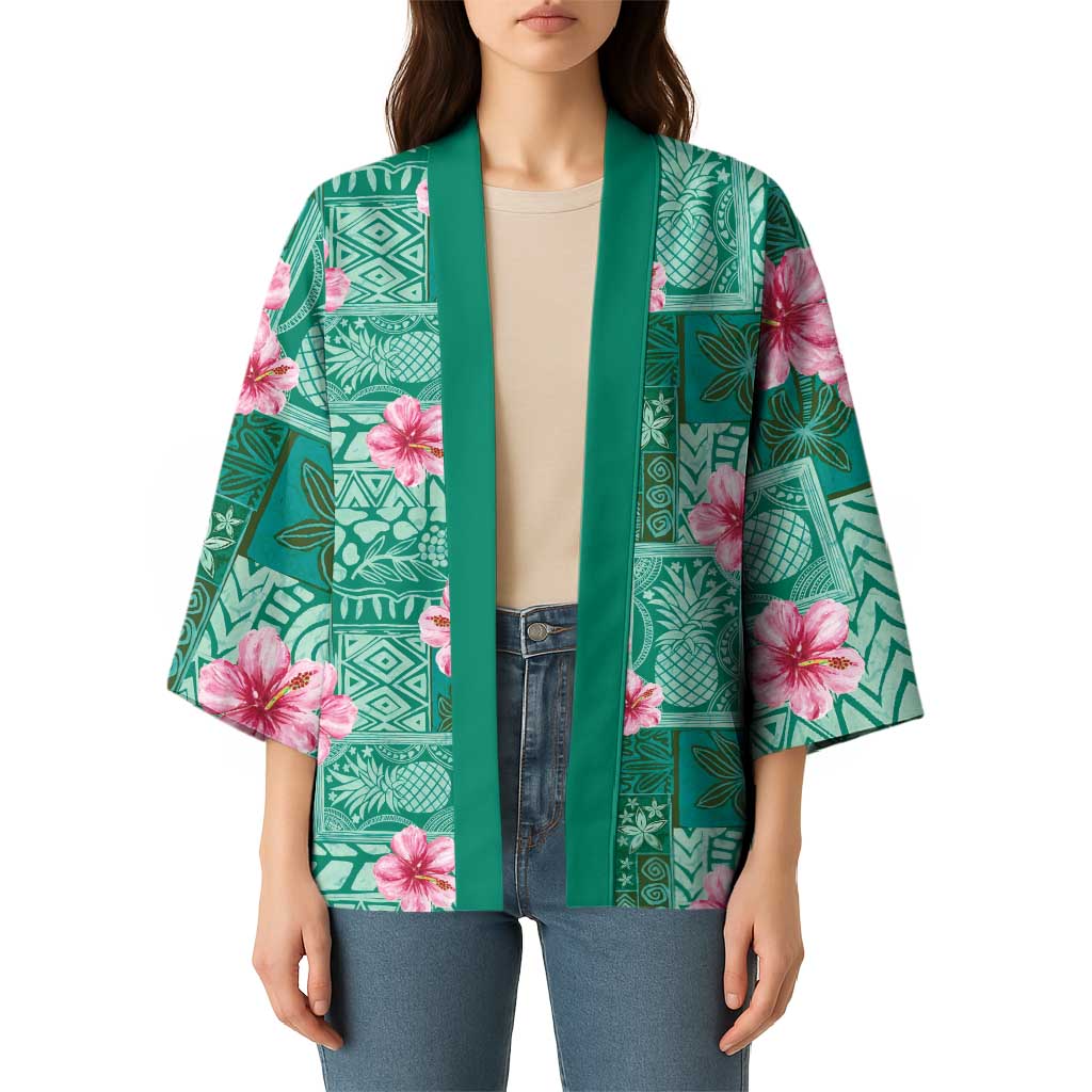 Cyan Hawaii Hibiscus With Tropical Flowers Motifs Kimono LT14 - Polynesian Pride