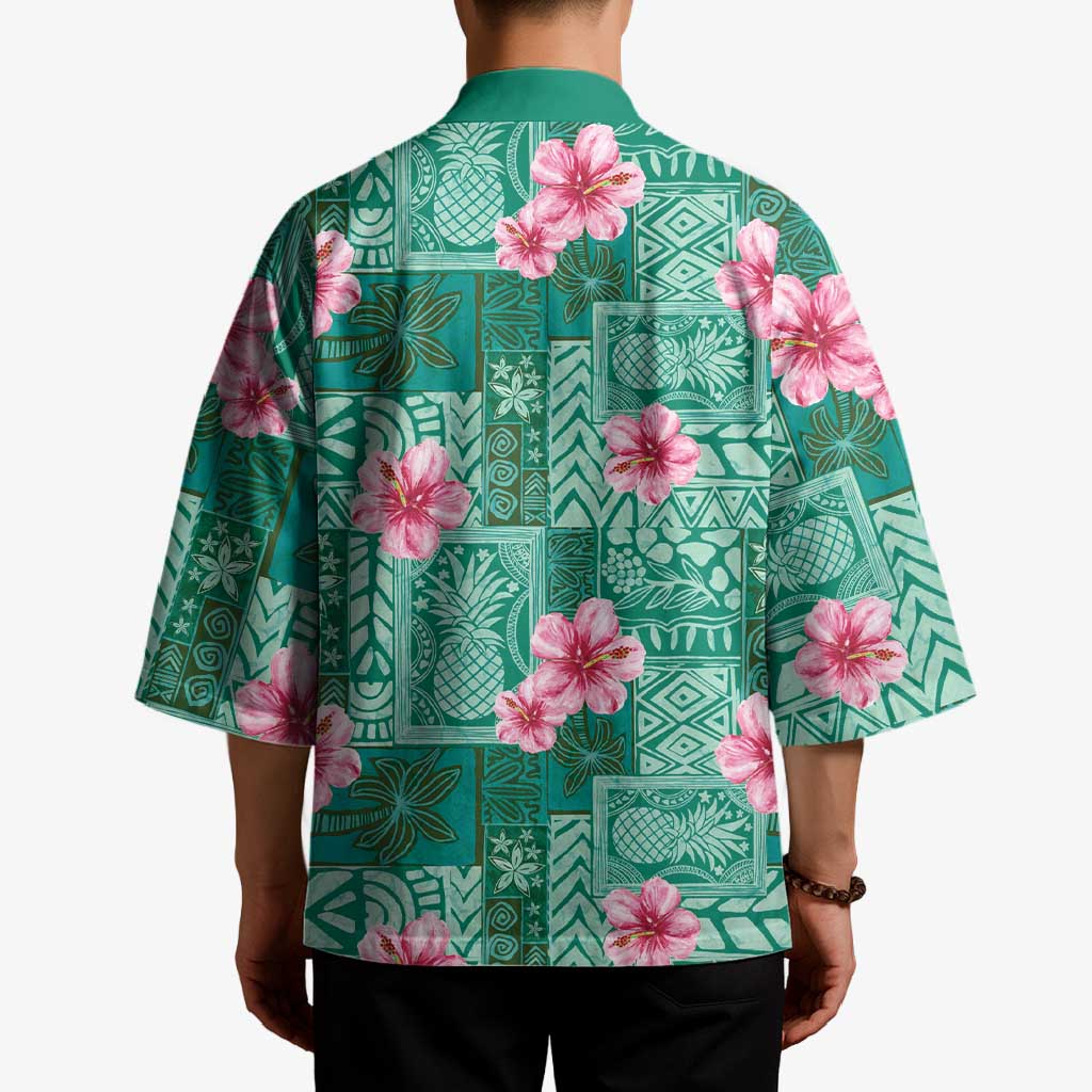 Cyan Hawaii Hibiscus With Tropical Flowers Motifs Kimono LT14 - Polynesian Pride