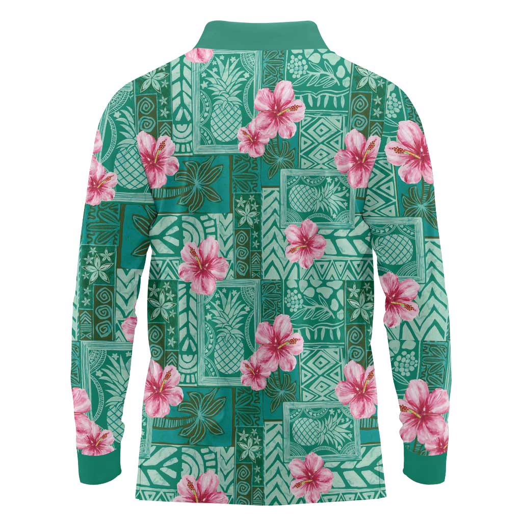 Cyan Hawaii Hibiscus With Tropical Flowers Motifs Long Sleeve Polo Shirt - Polynesian Pride