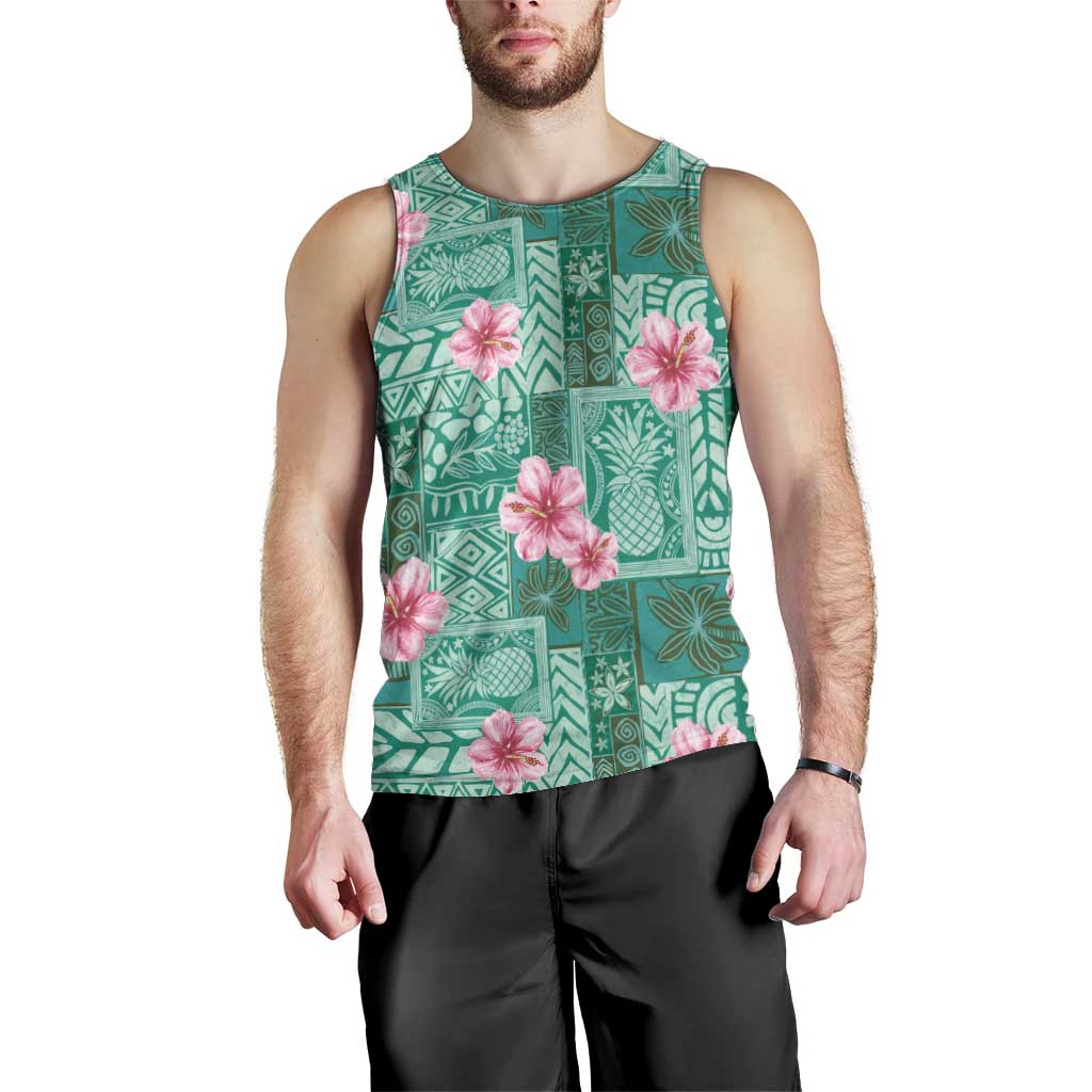 Cyan Hawaii Hibiscus With Tropical Flowers Motifs Men Tank Top - Polynesian Pride