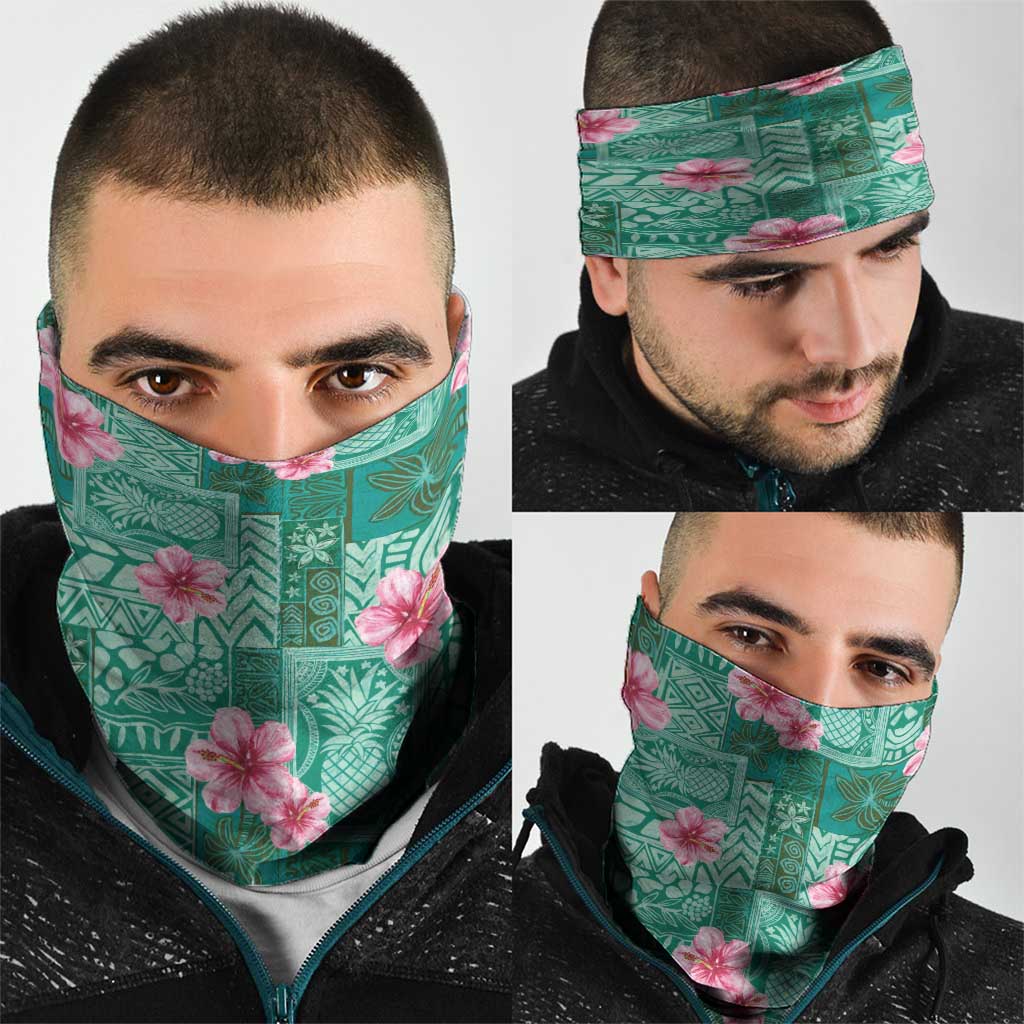 Cyan Hawaii Hibiscus With Tropical Flowers Motifs Neck Gaiter - Polynesian Pride