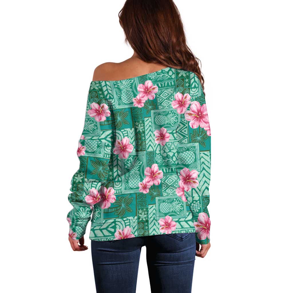 Cyan Hawaii Hibiscus With Tropical Flowers Motifs Off Shoulder Sweater - Polynesian Pride