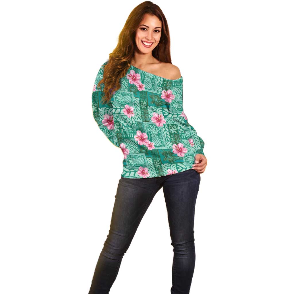 Cyan Hawaii Hibiscus With Tropical Flowers Motifs Off Shoulder Sweater - Polynesian Pride