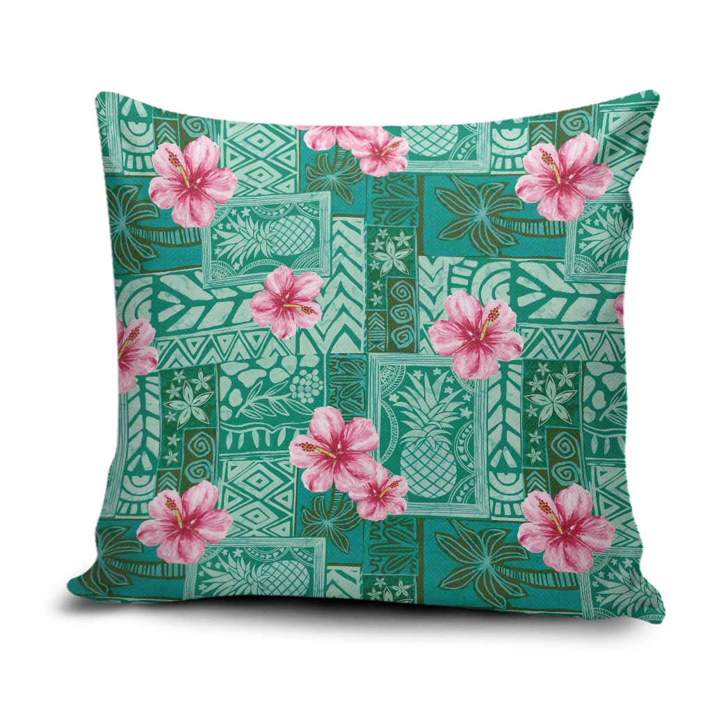 Cyan Hawaii Hibiscus With Tropical Flowers Motifs Pillow Cover - Polynesian Pride